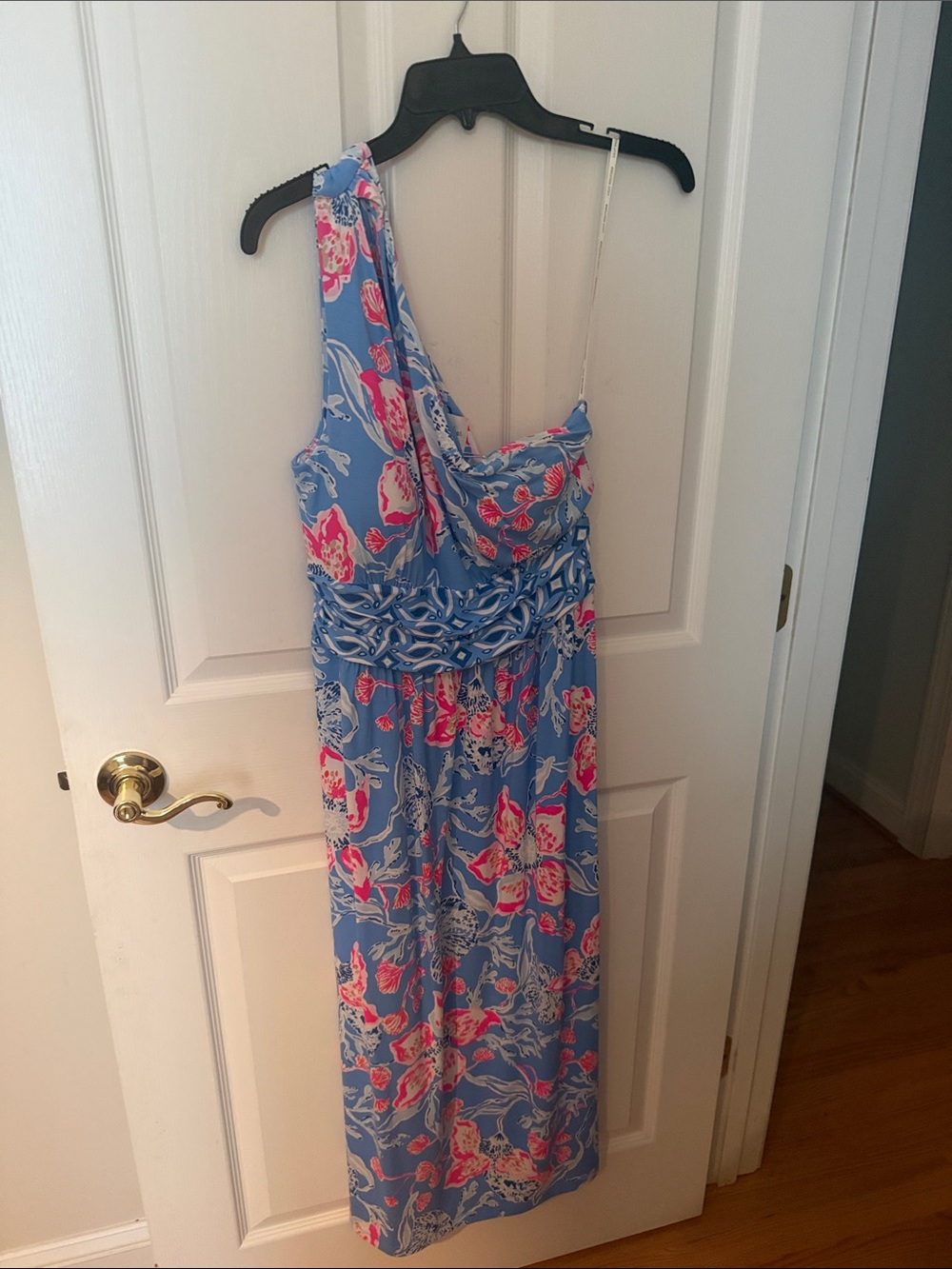 Lilly Pulitzer Blue Floral One-Shoulder Maxi Dress with Pink Accents
